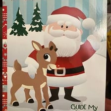 Rudolph the red-nosed reindeer at the front of Santa’s sleigh.