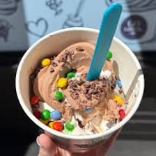 A cup of frozen yogurt topped with fruit and other toppings.