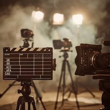 A movie scene being filmed on a set with a camera and actors.