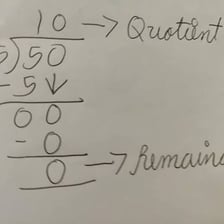 A simple educational illustration demonstrating that 50 divided by 5 equals 10.