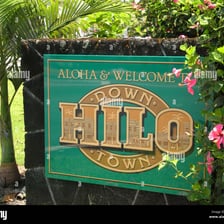 A welcoming scene or sign from Hilo, Hawaii, using the greeting aloha.