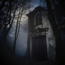 A shadowy house surrounded by fog at night.