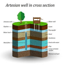An educational illustration of water rising in an artesian well