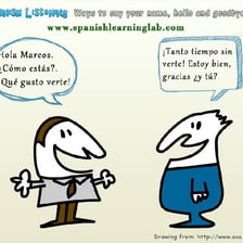 Friends greeting each other in a Spanish-speaking setting.