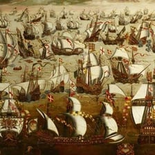 Historical depiction of ships from the Spanish Armada.