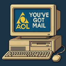 A vintage computer displaying the AOL internet service.