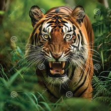 A tiger shown roaring with its mouth open.