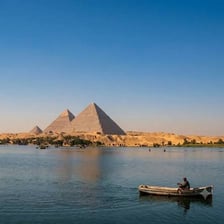 The Nile River landscape near the Sphinx and Giza in Egypt.