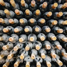 Wine bottles stored in a cellar for aging.