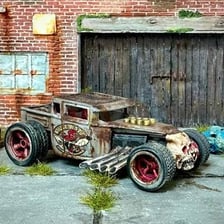 A customized hot rod with a deliberately weathered, junky appearance.