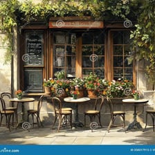 A small traditional French bistro with outdoor seating.