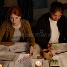A person looking at paperwork for an unpaid debt.