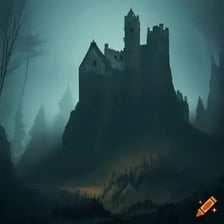 A dark castle appearing forbidding in mist