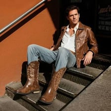 Smooth leather cowboy boots and a Western-style leather jacket