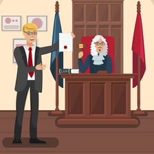 A courtroom scene in which a lawyer presents evidence to a judge.