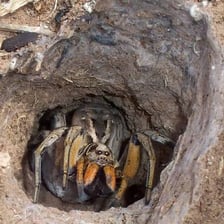 A wolf spider beside a trapdoor spider burrow entrance