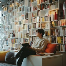 A person reading a book among library shelves.