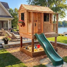 A small wooden playhouse designed for children.