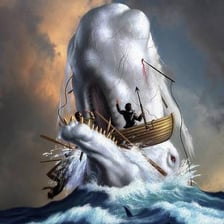 An illustration of Captain Ahab pursuing the white whale in Moby-Dick.