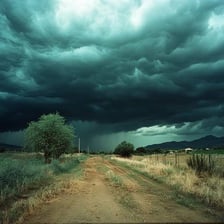 Dark storm clouds gathering over a landscape.