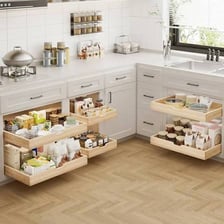 An open drawer in a wooden cabinet