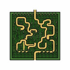 A maze puzzle showing winding paths between an entrance and an exit