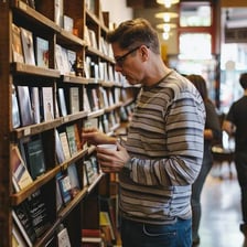 A person casually looking through books on store shelves