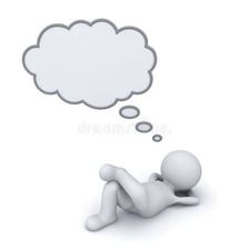 A person daydreaming with imaginative scenes shown in a thought bubble