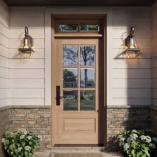 A small transom window positioned above a front door.