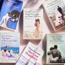 Book covers of novels by Italian writer Elena Ferrante.