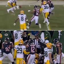 American football players attempting to recover an onside kick.