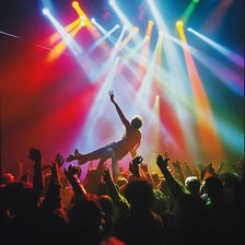 A lively stage performance with energetic performers and an engaged audience.
