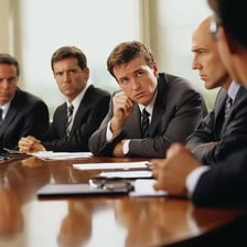 A person chairing a formal meeting from the head of a table
