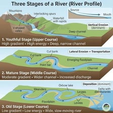 A simple river diagram showing water flowing downstream toward its mouth.
