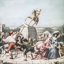 A historical scene depicting supporters gathered in favor of a king or monarchy.