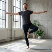 A person maintaining equilibrium while standing on one foot