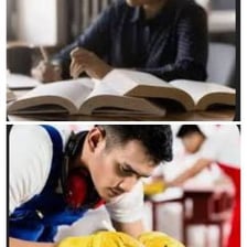A focused person working carefully and persistently at a desk