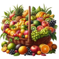 A basket filled beyond capacity with fresh fruit.