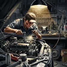 A mechanic working on an engine in a workshop.