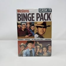 Promotional imagery for the classic television westerns Bonanza and Gunsmoke.