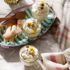 A serving of gooseberry fool, a creamy British dessert made with gooseberries.