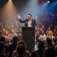 A crowd reacting energetically to a motivational speaker.