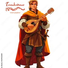 A musician playing a lute in a troubadour-style setting.