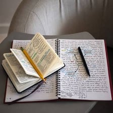 A person writing information into a notebook
