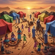A nomadic traveler moving through a landscape with a temporary camp.
