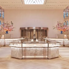 Luxury jewelry displayed in a store associated with major jewelers such as Tiffany and Cartier.