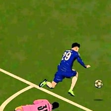 A soccer player dribbles the ball through an opponent’s legs.