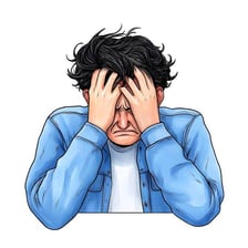 A visibly stressed person holding their head in distress