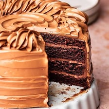 Chocolate ganache spread between layers of a stacked cake.
