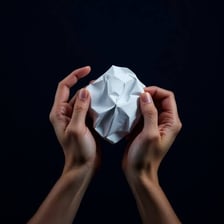 Hands crumpling a sheet of paper into a wrinkled ball.